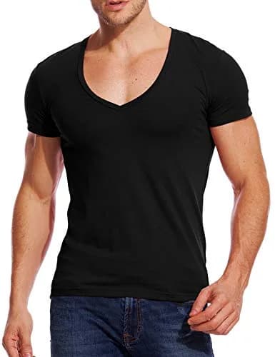 Zecmos Men's Black V Neck T-Shirt Slim Fit 100% Cotton | Lightweight Undershirt thumbnail 1