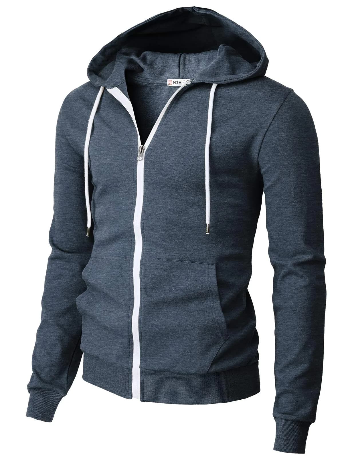 H2H Men's Slim Fit Basic Zip Up Hoodie with Kanga Pocket and White Zipper and String for Casual MUSTARD US S/Asia M (CMOHOL048) | Sporty & Comfortable — Cmohol048-heathernavy / XX-Large