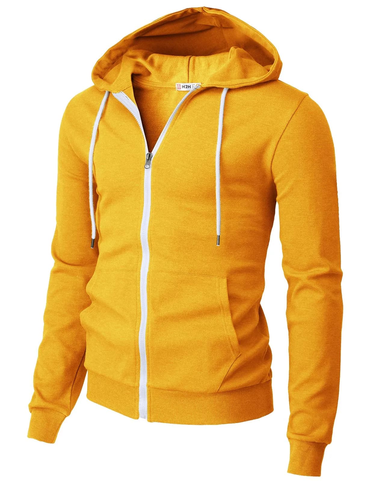 H2H Men's Slim Fit Basic Zip Up Hoodie with Kanga Pocket and White Zipper and String for Casual MUSTARD US S/Asia M (CMOHOL048) | Sporty & Comfortable