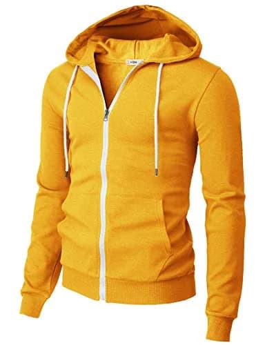 H2H Men's Slim Fit Basic Zip Up Hoodie with Kanga Pocket and White Zipper and String for Casual MUSTARD US S/Asia M (CMOHOL048) | Sporty & Comfortable thumbnail 1