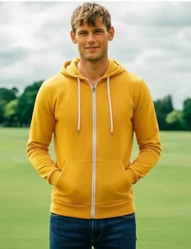 H2H Men's Slim Fit Basic Zip Up Hoodie with Kanga Pocket and White Zipper and String for Casual MUSTARD US S/Asia M (CMOHOL048) | Sporty & Comfortable thumbnail 3