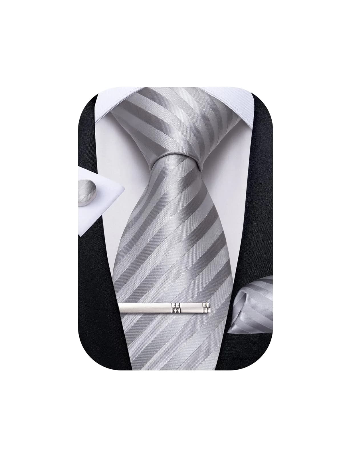 DiBanGu Men's Silk Necktie Set with Pocket Square, Cufflinks & Tie Clip - Blush Pink — 04 Silver
