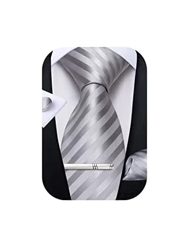 DiBanGu Silver and Grey Silk Necktie Set with Pocket Square, Cufflinks & Tie Clip | 157 cm (62 in) Length thumbnail 1
