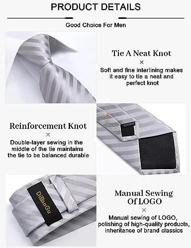DiBanGu Silver and Grey Silk Necktie Set with Pocket Square, Cufflinks & Tie Clip | 157 cm (62 in) Length thumbnail 6