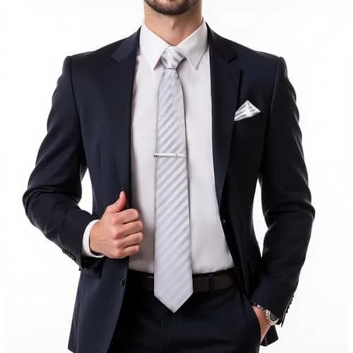 DiBanGu Silver and Grey Silk Necktie Set with Pocket Square, Cufflinks & Tie Clip | 157 cm (62 in) Length thumbnail 2