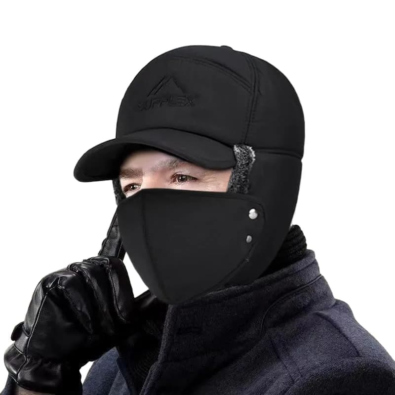 Greenery-GRE Black Trapper Hat with Fur Lining | Windproof & Insulated for Cold Weather thumbnail 2