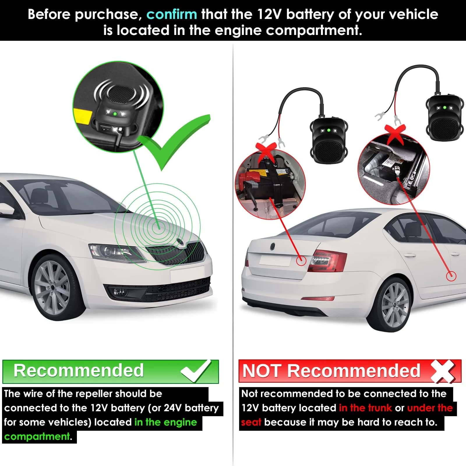 Loraffe Ultrasonic Under Hood Rodent Repellent for Cars, Trucks & RVs | 12V/24V Battery Powered, EPA Est. No. 93730-CHN-1 - view 7