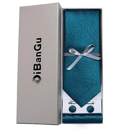 DiBanGu Teal Silk Necktie Set with Pocket Square, Cufflinks & Tie Clip | 150cm (59") x 8cm (3.15") thumbnail 4
