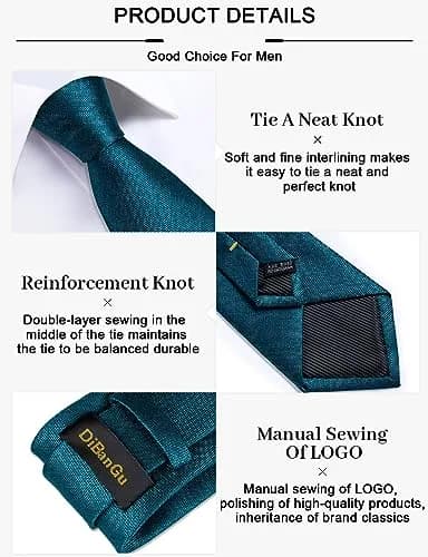DiBanGu Teal Silk Necktie Set with Pocket Square, Cufflinks & Tie Clip | 150cm (59") x 8cm (3.15") thumbnail 6