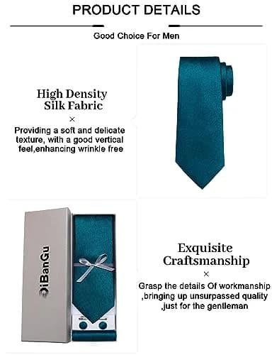 DiBanGu Teal Silk Necktie Set with Pocket Square, Cufflinks & Tie Clip | 150cm (59") x 8cm (3.15") thumbnail 7