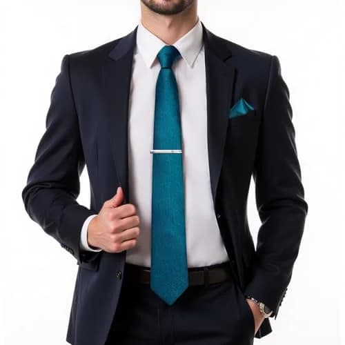 DiBanGu Teal Silk Necktie Set with Pocket Square, Cufflinks & Tie Clip | 150cm (59") x 8cm (3.15") thumbnail 2