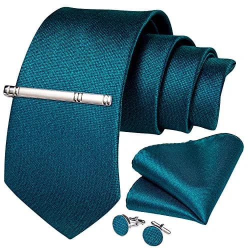 DiBanGu Teal Silk Necktie Set with Pocket Square, Cufflinks & Tie Clip | 150cm (59") x 8cm (3.15") thumbnail 3