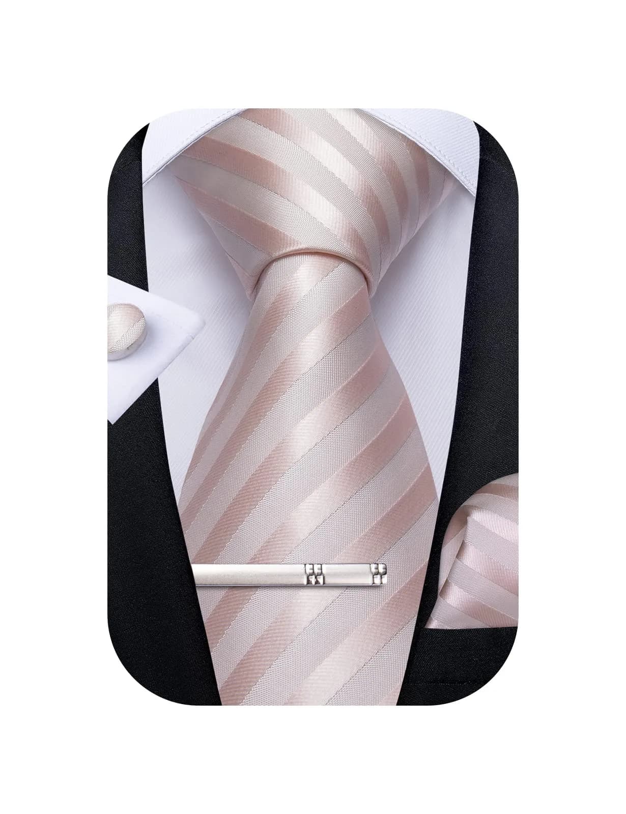 DiBanGu Men's Silk Necktie Set with Pocket Square, Cufflinks & Tie Clip - Blush Pink