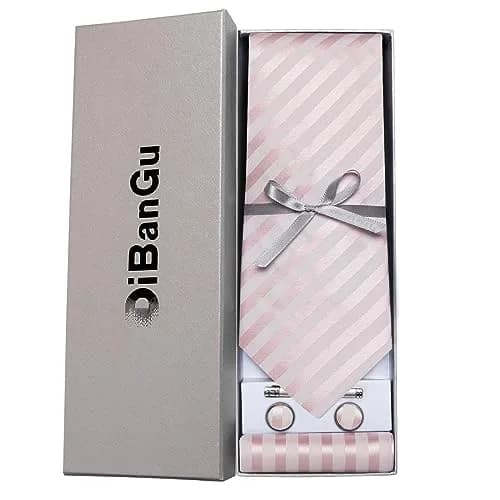 DiBanGu Men's Silk Necktie Set with Pocket Square, Cufflinks & Tie Clip - Blush Pink thumbnail 4