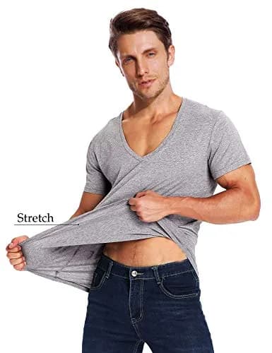 Zecmos Men's Deep V Neck T-Shirt Slim Fit 100% Cotton Gray XL | Lightweight Undershirt for India thumbnail 3