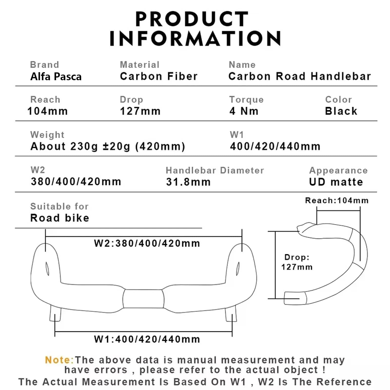 Alfa Pasca 31.8 x 420mm No Logo 3K Matte Carbon Fiber Aero Road Bike Handlebars - view 2