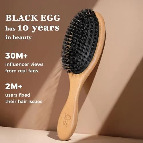 BLACK EGG Boar Bristle Hair Brush for Thin Fine Hair | Natural Bristles, Beech Wood Handle, Oval Shape thumbnail 5