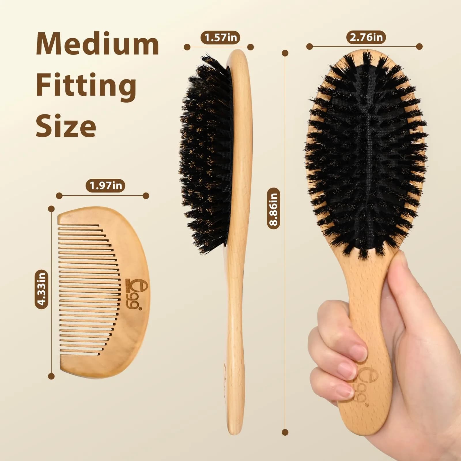 BLACK EGG Boar Bristle Hair Brush for Thin Fine Hair | Natural Bristles, Beech Wood Handle, Oval Shape - view 9