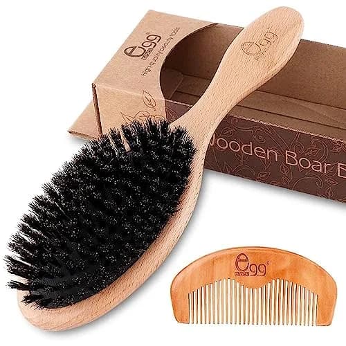 BLACK EGG Boar Bristle Brush for Wet/Dry Hair - Smoothing, Massaging, Detangling, Reduce Frizz, Restore Shine - Bamboo Brush for Women, Men, Kids — BLACK