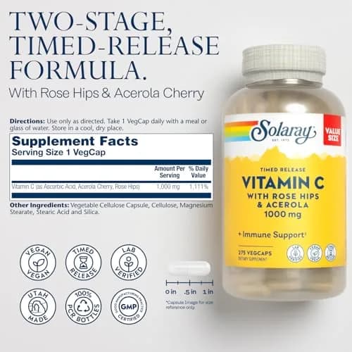 SOLARAY Vitamin C 1000 mg | Timed Release Capsules for Immune & Heart Support, 275 VegCaps thumbnail 2