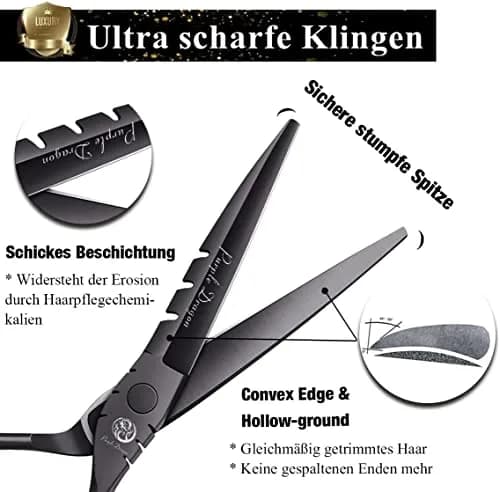 Purple Dragon 5.5 inch Hair Cutting Shears Set with Bag for Barbers - Black | Japanese 440C Steel Razor Sharp Blades thumbnail 2