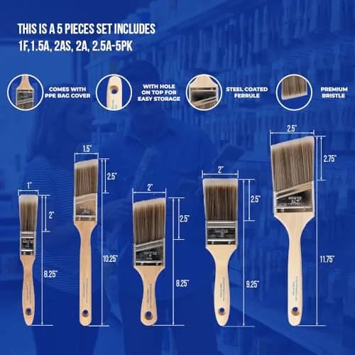 Pro Grade Paint Brushes Set for Walls, Trim & Stain, 5-Piece | Professional Grade Synthetic Bristle Brushes with Softwood Handles thumbnail 2