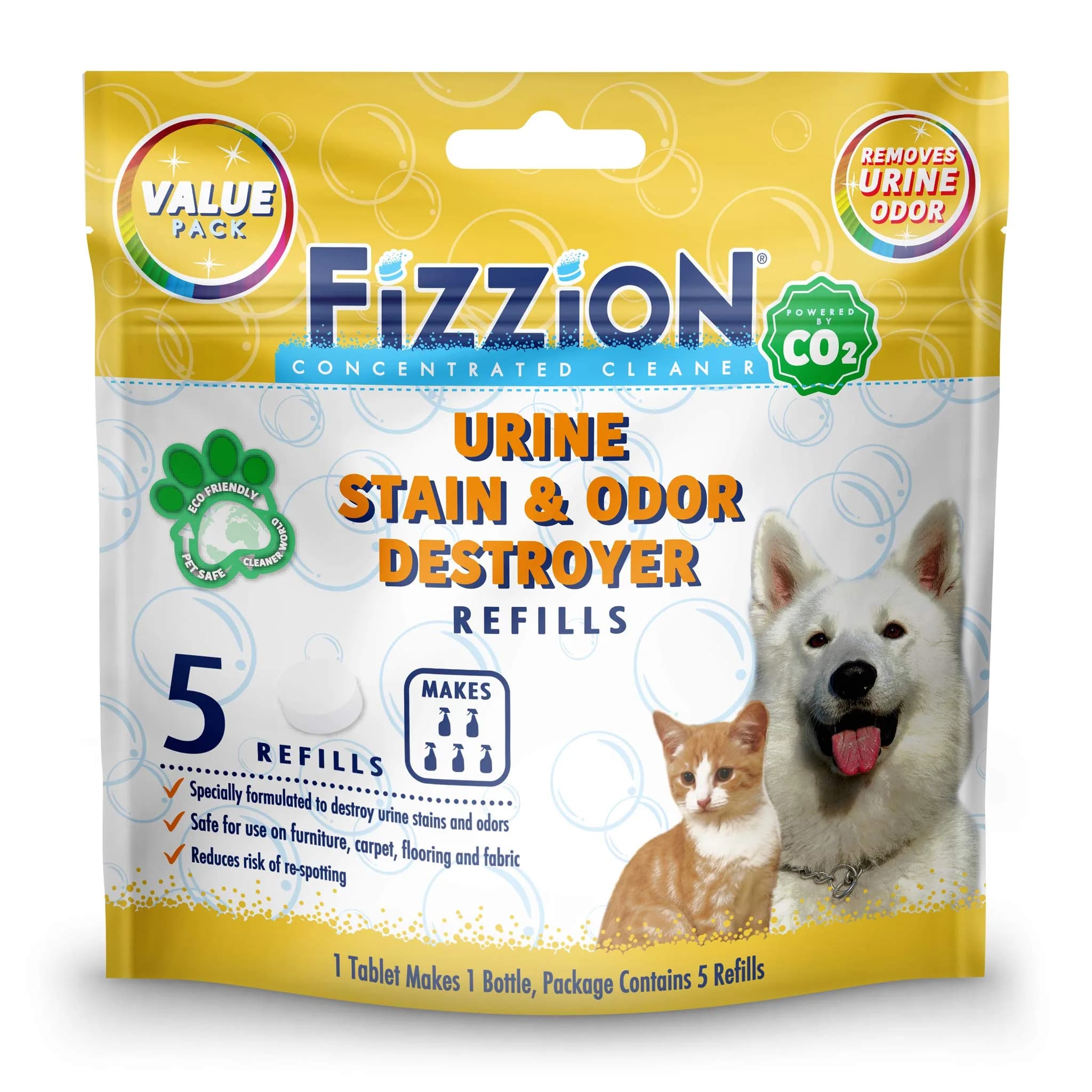Fizzion Urine Pet Stain and Odor Destroyer Tablets | 5 Count (Makes 5 x 23oz Bottles)
