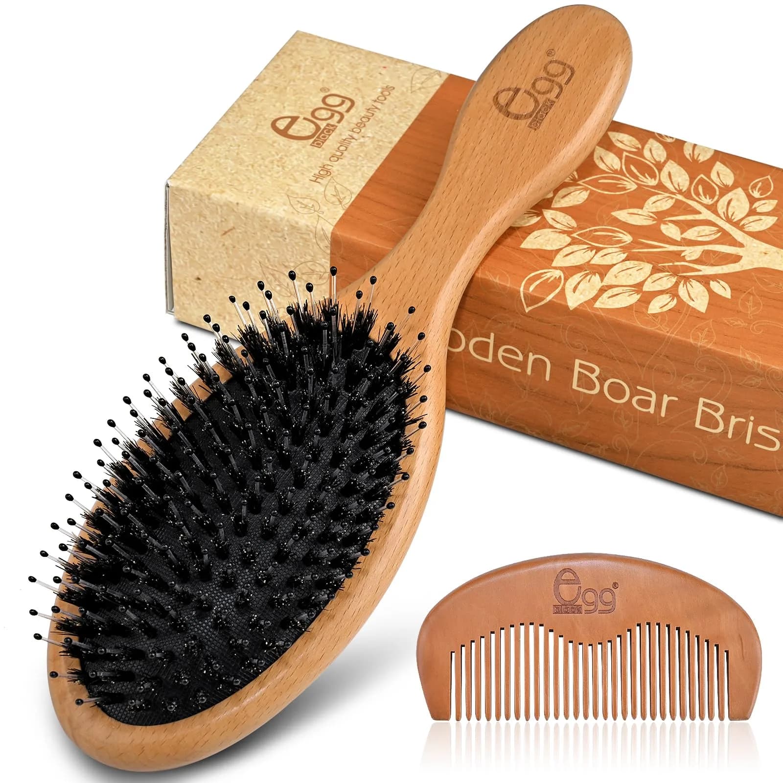 BLACK EGG Boar Bristle Brush for Wet/Dry Hair - Smoothing, Massaging, Detangling, Reduce Frizz, Restore Shine - Bamboo Brush for Women, Men, Kids - main product image
