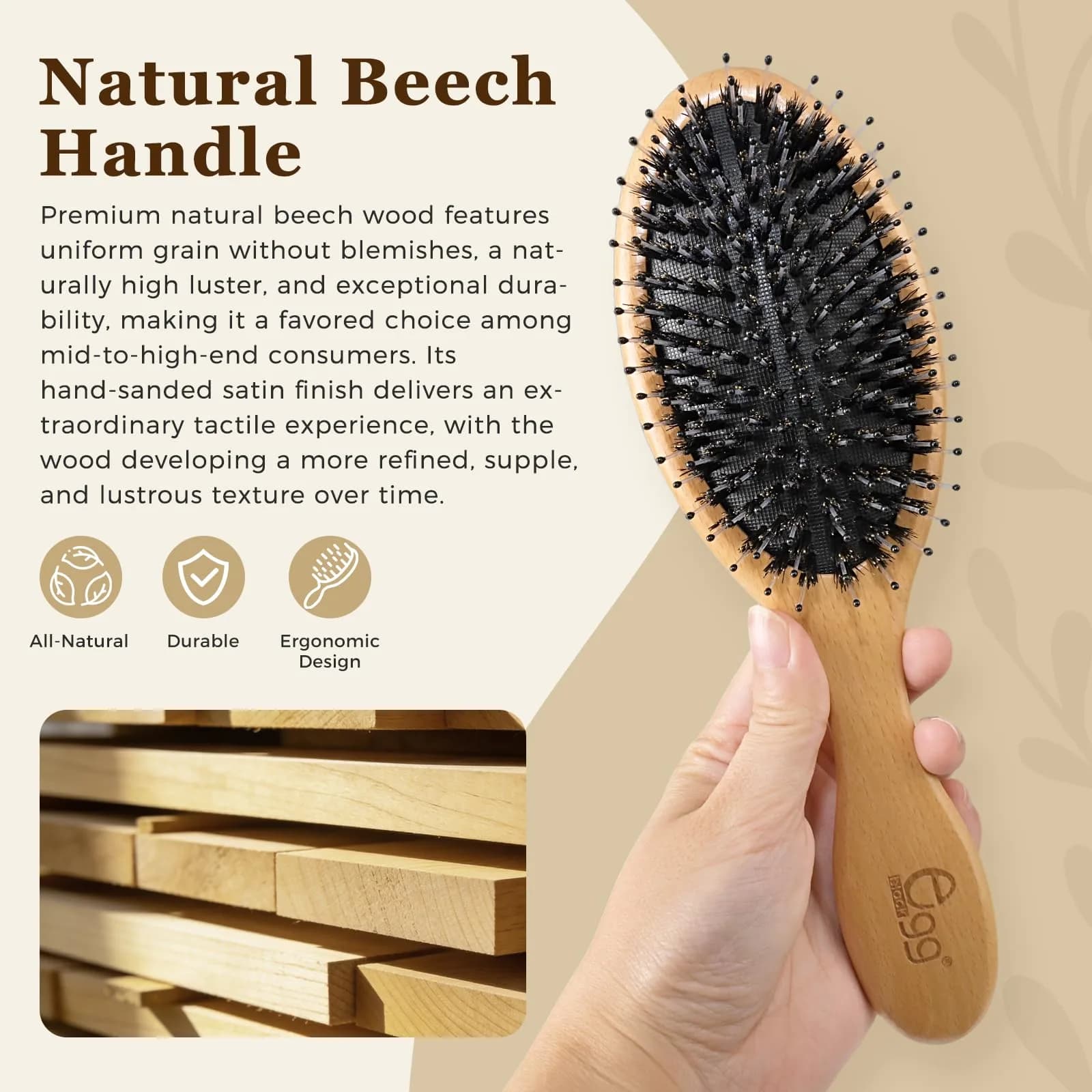 BLACK EGG Boar Bristle Brush for Wet/Dry Hair - Smoothing, Massaging, Detangling, Reduce Frizz, Restore Shine - Bamboo Brush for Women, Men, Kids - view 5