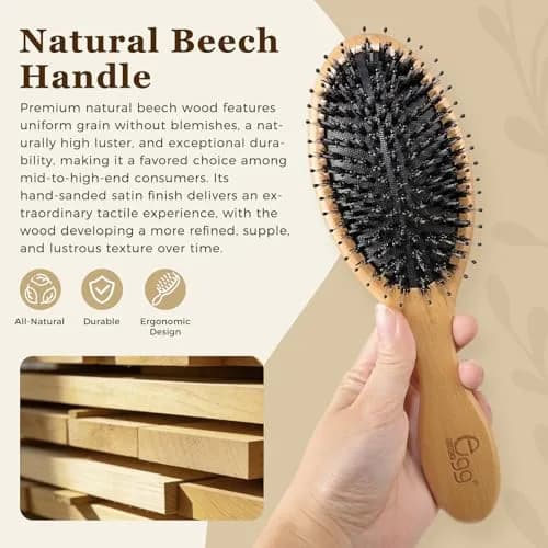 BLACK EGG Boar Bristle Brush for Wet/Dry Hair - Smoothing, Massaging, Detangling, Reduce Frizz, Restore Shine - Bamboo Brush for Women, Men, Kids thumbnail 5