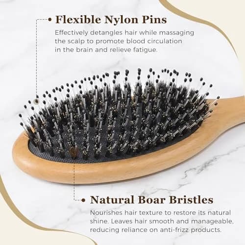 BLACK EGG Boar Bristle Brush for Wet/Dry Hair - Smoothing, Massaging, Detangling, Reduce Frizz, Restore Shine - Bamboo Brush for Women, Men, Kids thumbnail 2