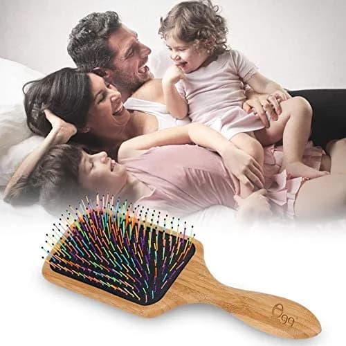 BLACK EGG Paddle Detangling Hair Brush for Women & Girls | Rainbow Nylon Bristles, Bamboo Handle, Includes Comb & Ties (22.5cm / 8.8in) thumbnail 7