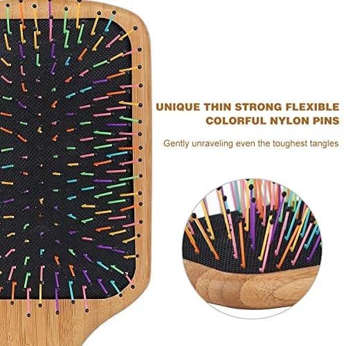 BLACK EGG Paddle Detangling Hair Brush for Women & Girls | Rainbow Nylon Bristles, Bamboo Handle, Includes Comb & Ties (22.5cm / 8.8in) thumbnail 2