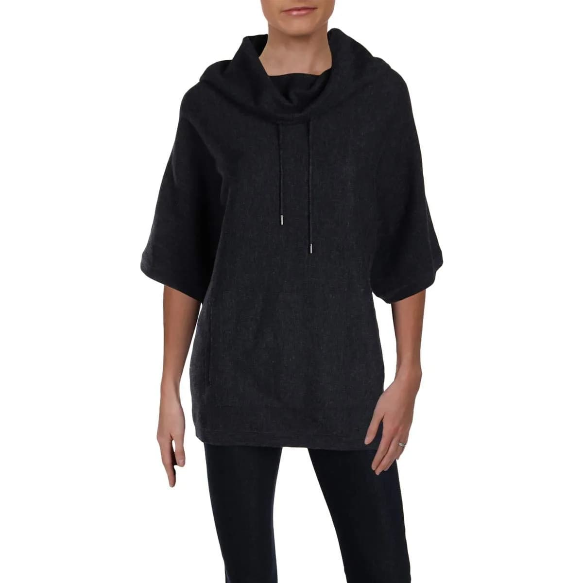 Anne Klein Women's Cowl Neck Pullover Sweater, Denim Heather, S | Modern Cotton Knit with Patch Pocket