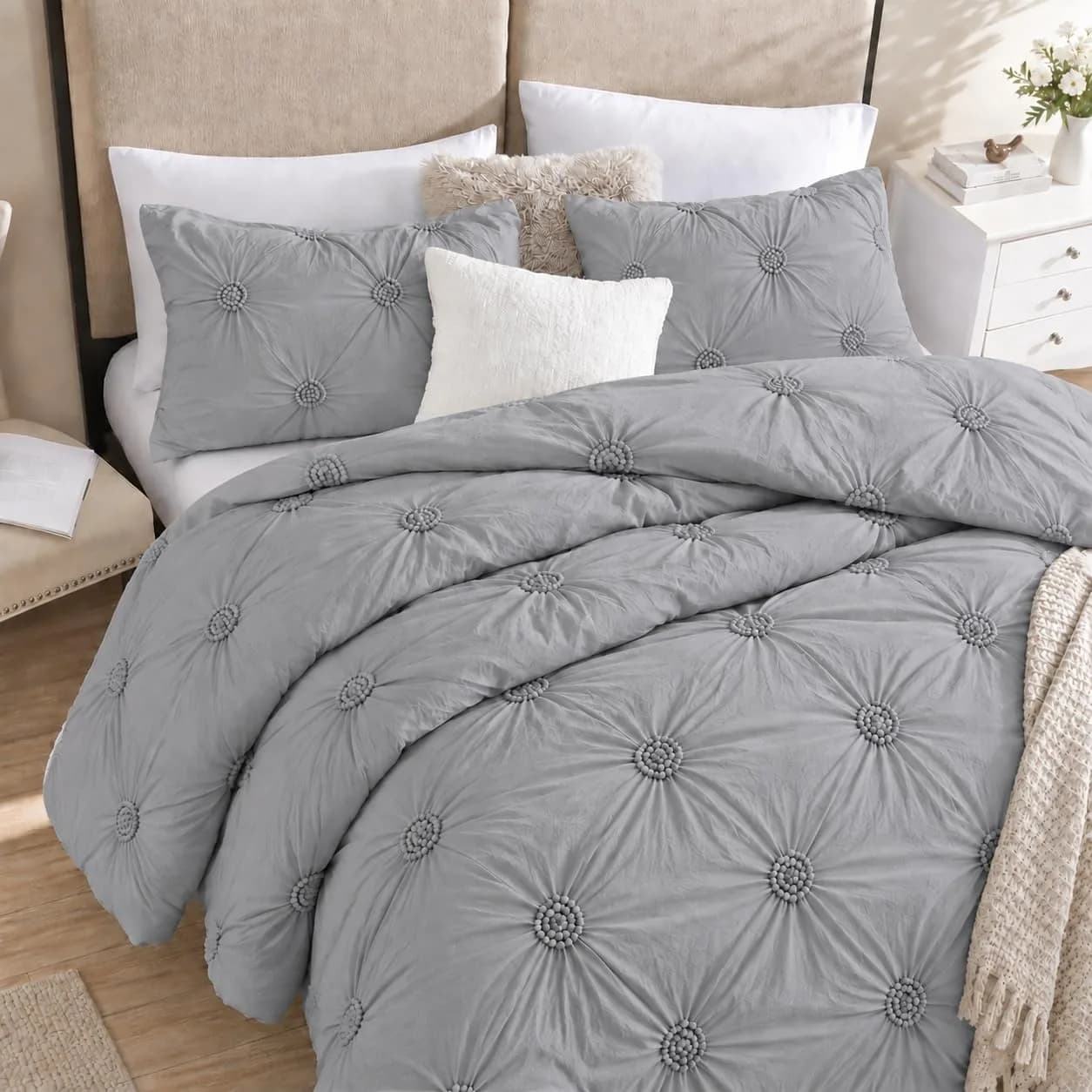 Swift Home King Comforter Set, Ruched 3D Floral Pintuck, Gray | Elegant 3-Piece Bedding
