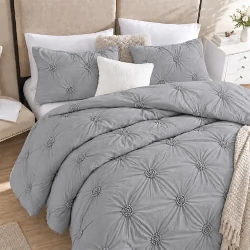 Swift Home King Comforter Set, Ruched 3D Floral Pintuck, Gray | Elegant 3-Piece Bedding thumbnail 1