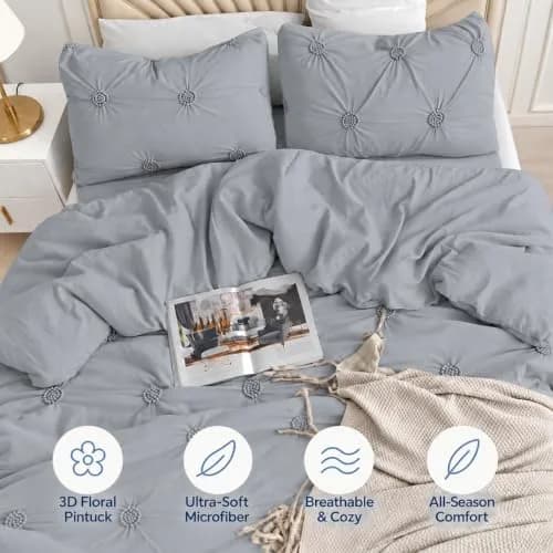 Swift Home King Comforter Set, Ruched 3D Floral Pintuck, Gray | Elegant 3-Piece Bedding thumbnail 6