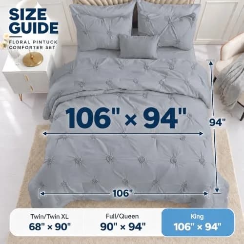 Swift Home King Comforter Set, Ruched 3D Floral Pintuck, Gray | Elegant 3-Piece Bedding thumbnail 7
