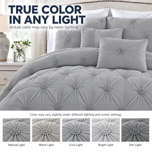 Swift Home King Comforter Set, Ruched 3D Floral Pintuck, Gray | Elegant 3-Piece Bedding thumbnail 8