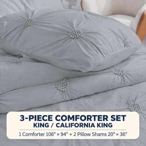 Swift Home King Comforter Set, Ruched 3D Floral Pintuck, Gray | Elegant 3-Piece Bedding thumbnail 2