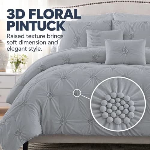 Swift Home King Comforter Set, Ruched 3D Floral Pintuck, Gray | Elegant 3-Piece Bedding thumbnail 3