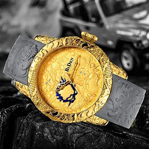 MASTOP Men's Fashion Big Dial 3D Sculpture Dragon Watch 50mm | Quartz, Gold thumbnail 4