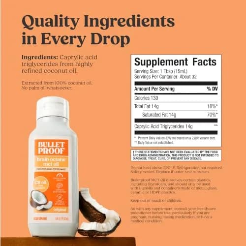 Bulletproof Brain Octane C8 MCT Oil 16 fl oz (32 fl oz Total) | Pure Coconut Oil Keto Energy Supplement thumbnail 3
