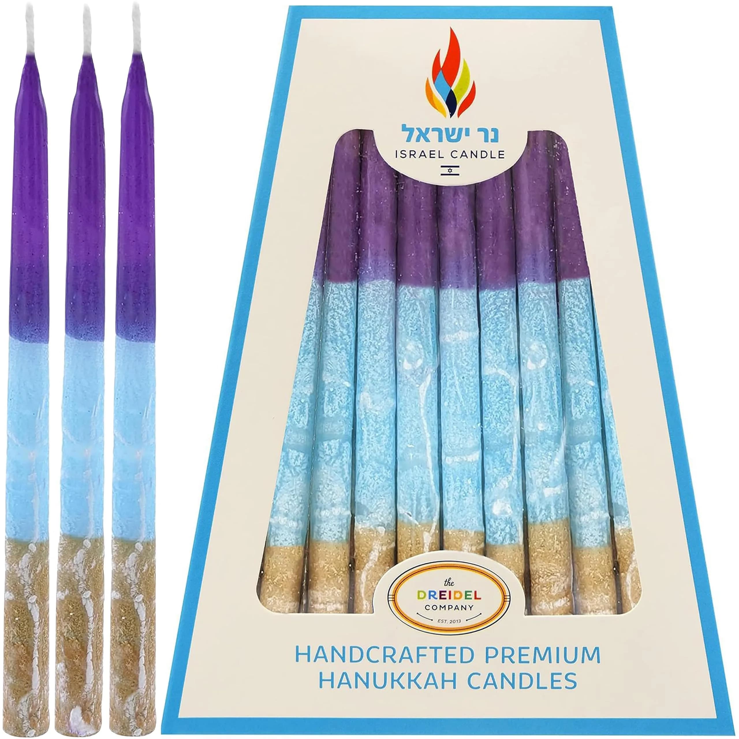Israel Candle Dripless Hanukkah Candles 45 Purple Blue & Gold Frosted Stripes | 3/8” Diameter, 5.5” Long, 60+ Min Burn