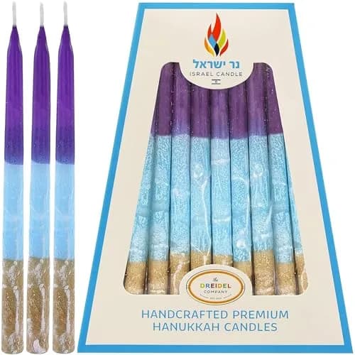 Israel Candle Dripless Hanukkah Candles 45 Purple Blue & Gold Frosted Stripes | 3/8” Diameter, 5.5” Long, 60+ Min Burn thumbnail 1