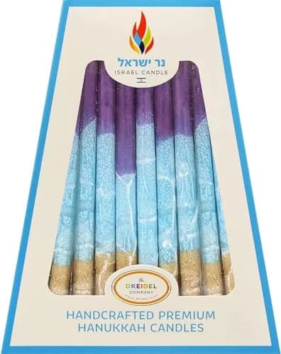 Israel Candle Dripless Hanukkah Candles 45 Purple Blue & Gold Frosted Stripes | 3/8” Diameter, 5.5” Long, 60+ Min Burn thumbnail 5
