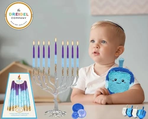 Israel Candle Dripless Hanukkah Candles 45 Purple Blue & Gold Frosted Stripes | 3/8” Diameter, 5.5” Long, 60+ Min Burn thumbnail 2
