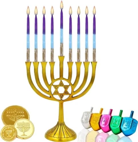 Israel Candle Dripless Hanukkah Candles 45 Purple Blue & Gold Frosted Stripes | 3/8” Diameter, 5.5” Long, 60+ Min Burn thumbnail 3