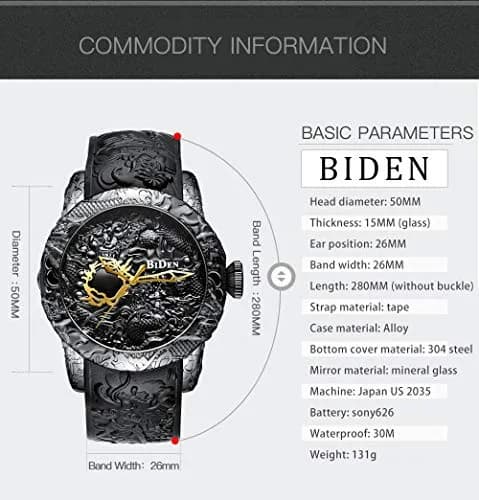 MASTOP Men's Fashion Big Dial 3D Sculpture Dragon Watch | Quartz Movement, 30M Water Resistance (Black) thumbnail 4