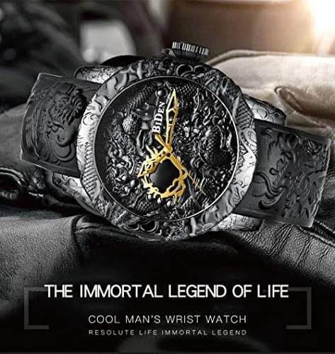 MASTOP Men's Fashion Big Dial 3D Sculpture Dragon Watch | Quartz Movement, 30M Water Resistance (Black) thumbnail 5